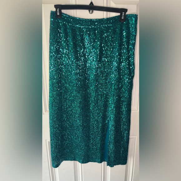 Anthro Maeve Sequin Skirt Blue Teal Turquoise Large - Picture 4 of 8